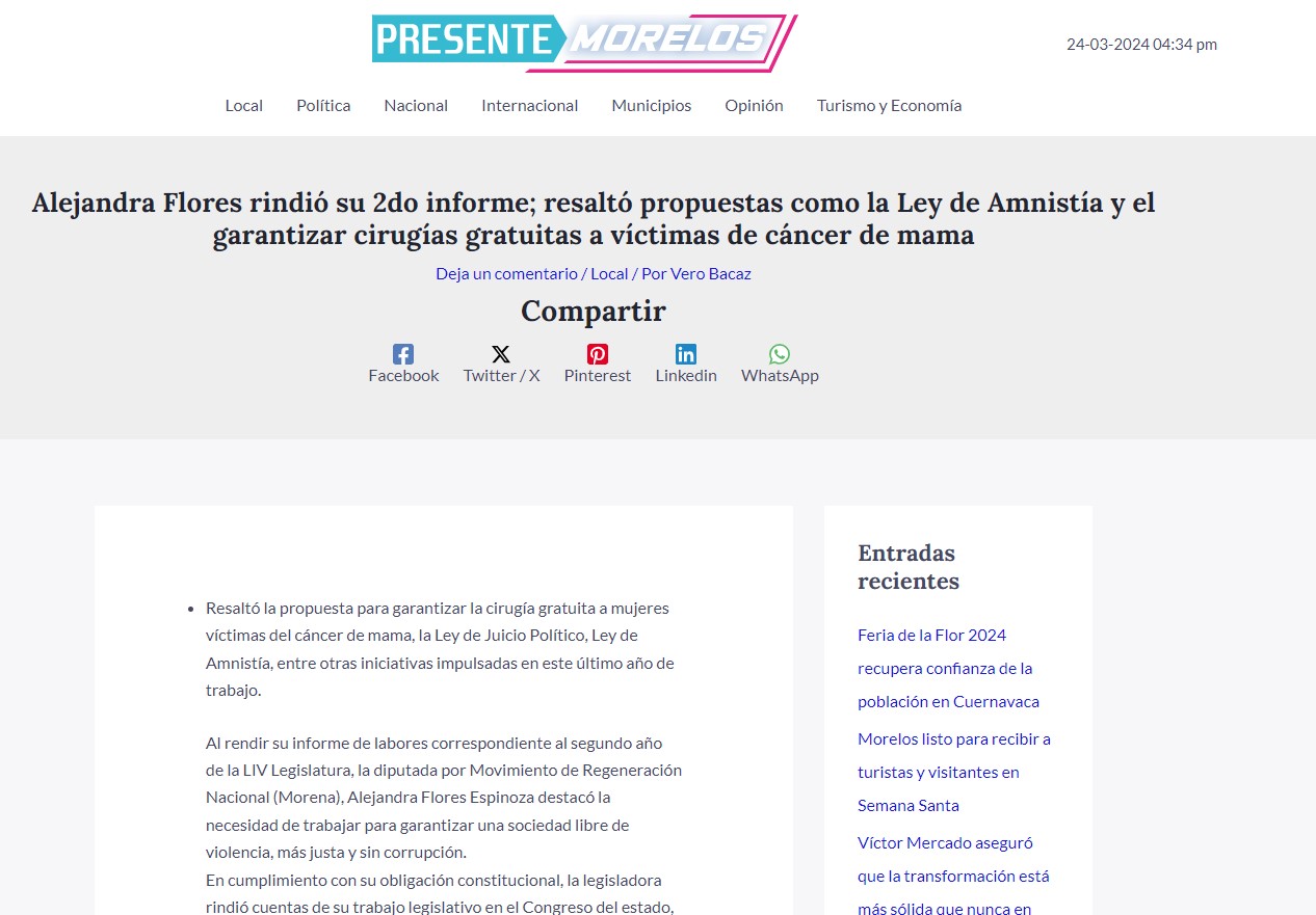 Alejandra Flores rindió su 2do informe; resaltó propuestas como la Ley de Amnistía y el garantizar cirugías gratuitas a víctimas de cáncer de mama
