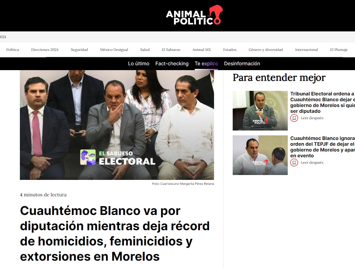 Cuauhtémoc Blanco va por diputación mientras deja récord de homicidios, feminicidios y extorsiones en Morelos.